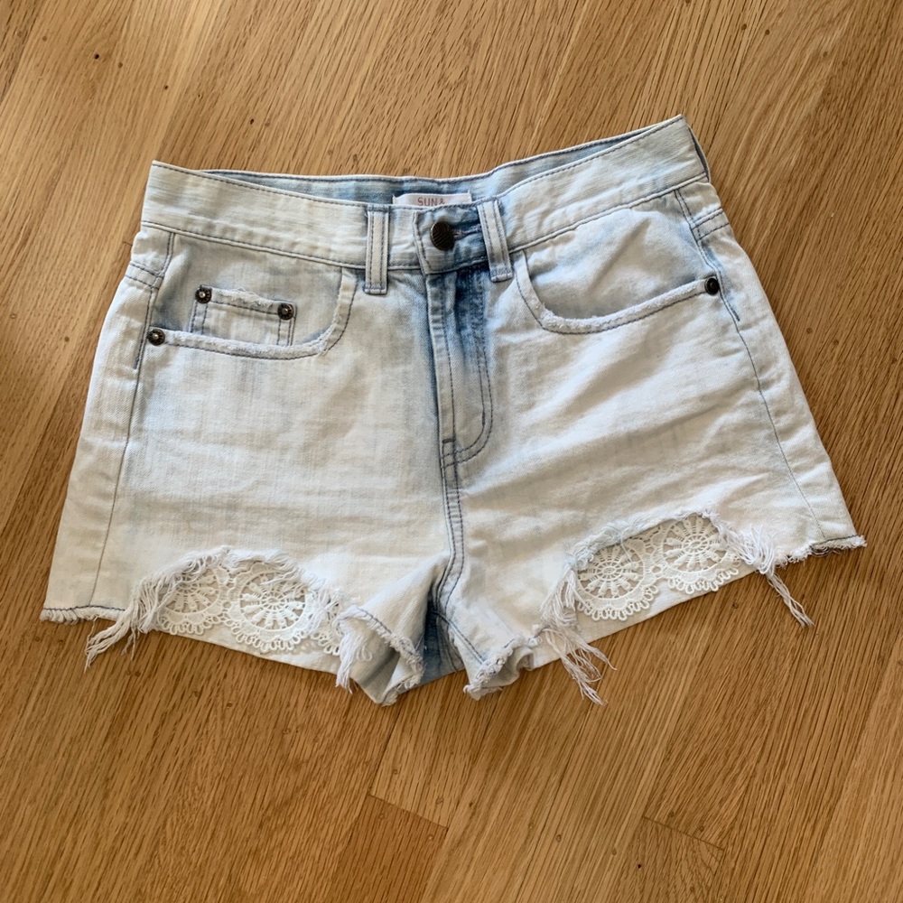 White/ultra faded blue frayed lace denim shorts